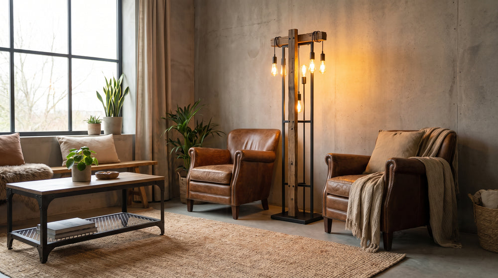 Lampadaires en bois et métal style industriel
