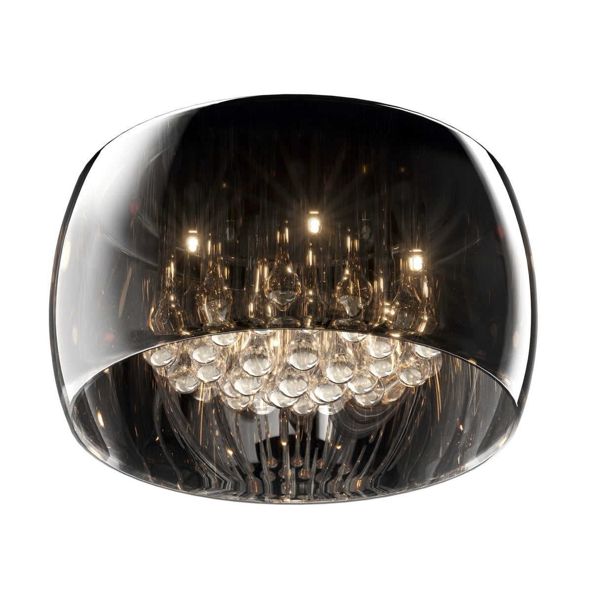 Vue de face du plafonnier rond en verre fumé avec ses gouttes de cristal