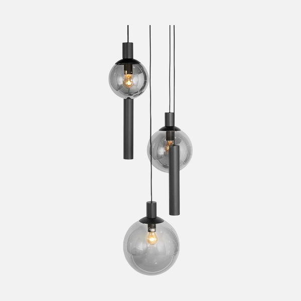 Suspension escalier en verre fumé, 3 boules + 2 spots, hauteur réglable | Bollique