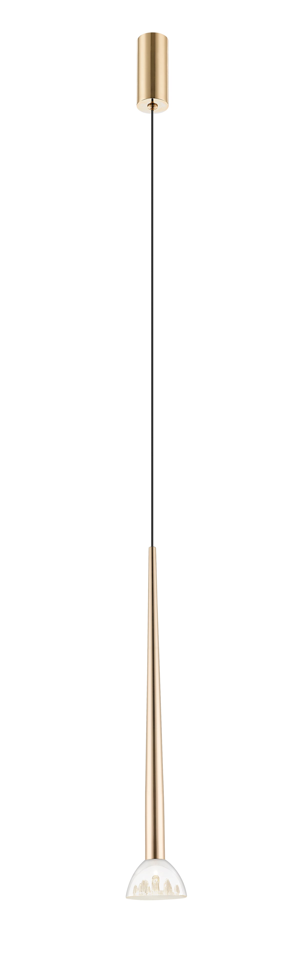 Suspension dorée vue de face, long tube effilé et diffuseur en verre bombé