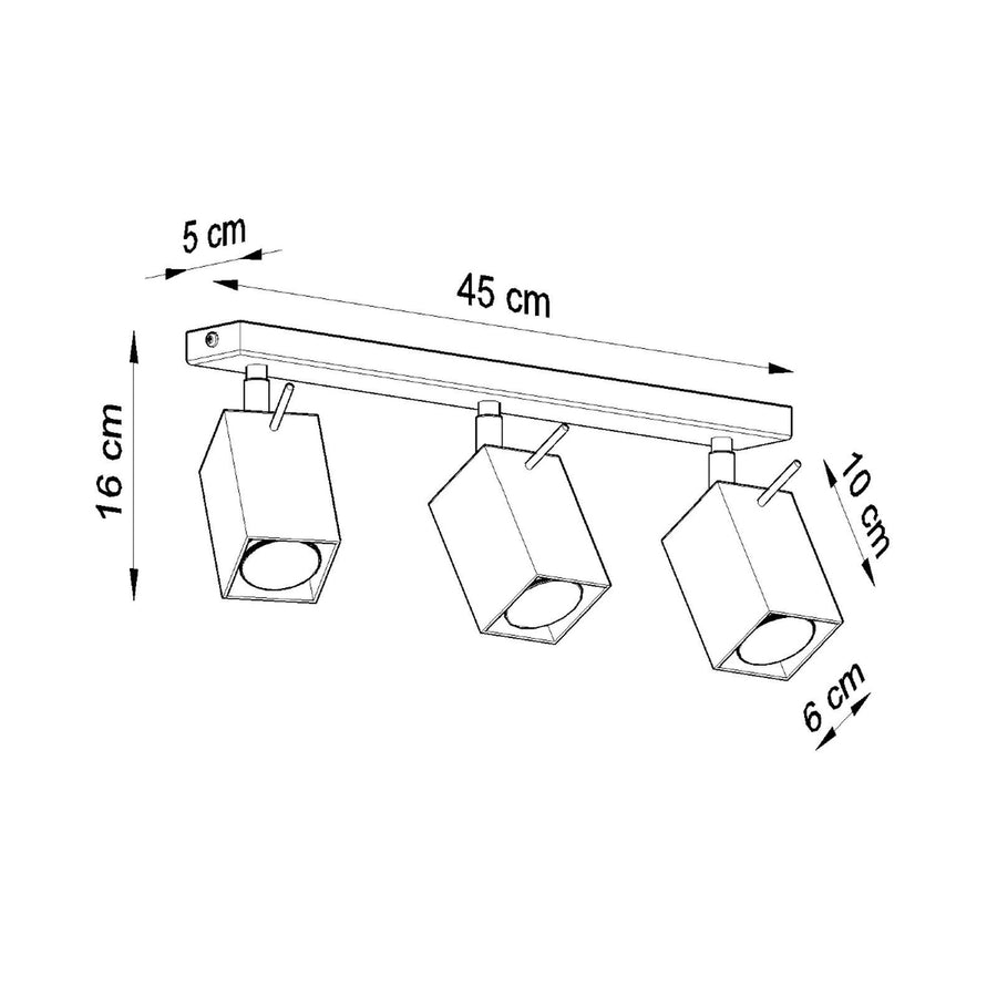 Schéma de dimensions coté : barre de 45 cm, projecteurs de 10 cm, hauteur 16 cm.