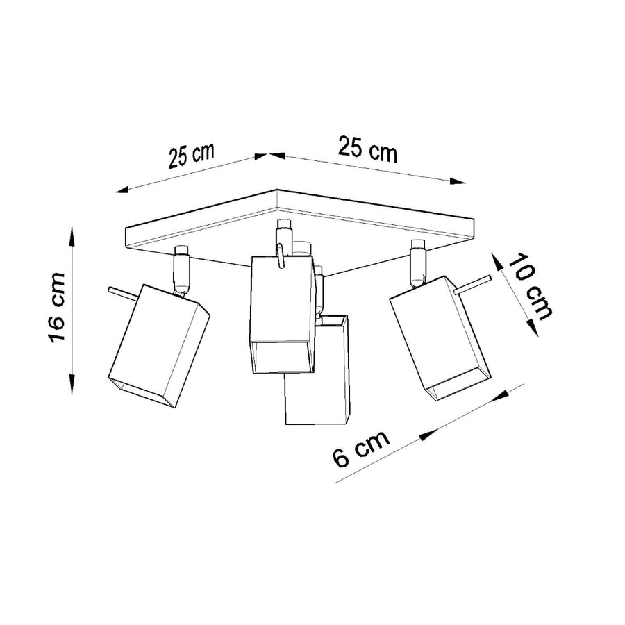 Schéma coté du plafonnier avec base carrée 25 cm et hauteur 16 cm