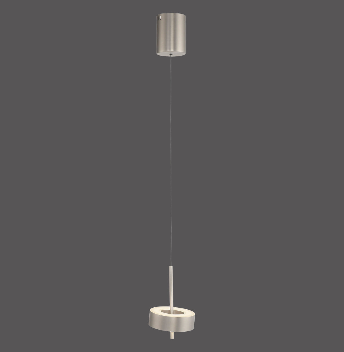 Suspension aluminium avec rosace cylindrique, câble fin et anneau lumineux inférieur