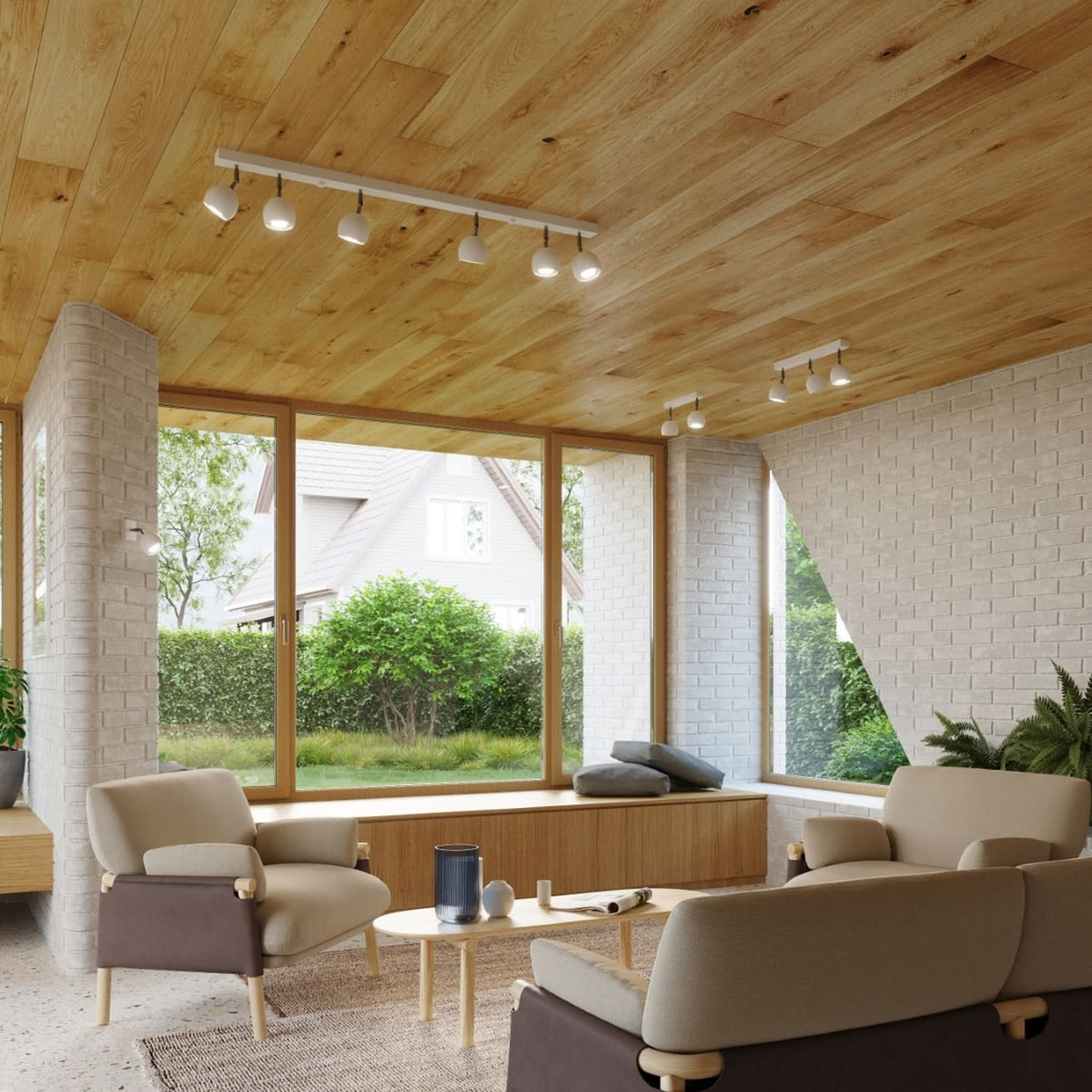Mise en ambiance dans un salon contemporain, plafonnier blanc installé sur plafond en bois.