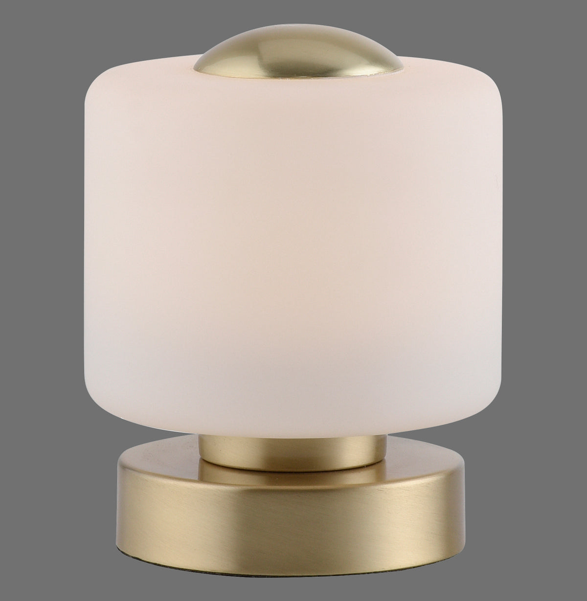 Lampe à poser en verre opalin cylindrique et base en laiton mat, vue de face.