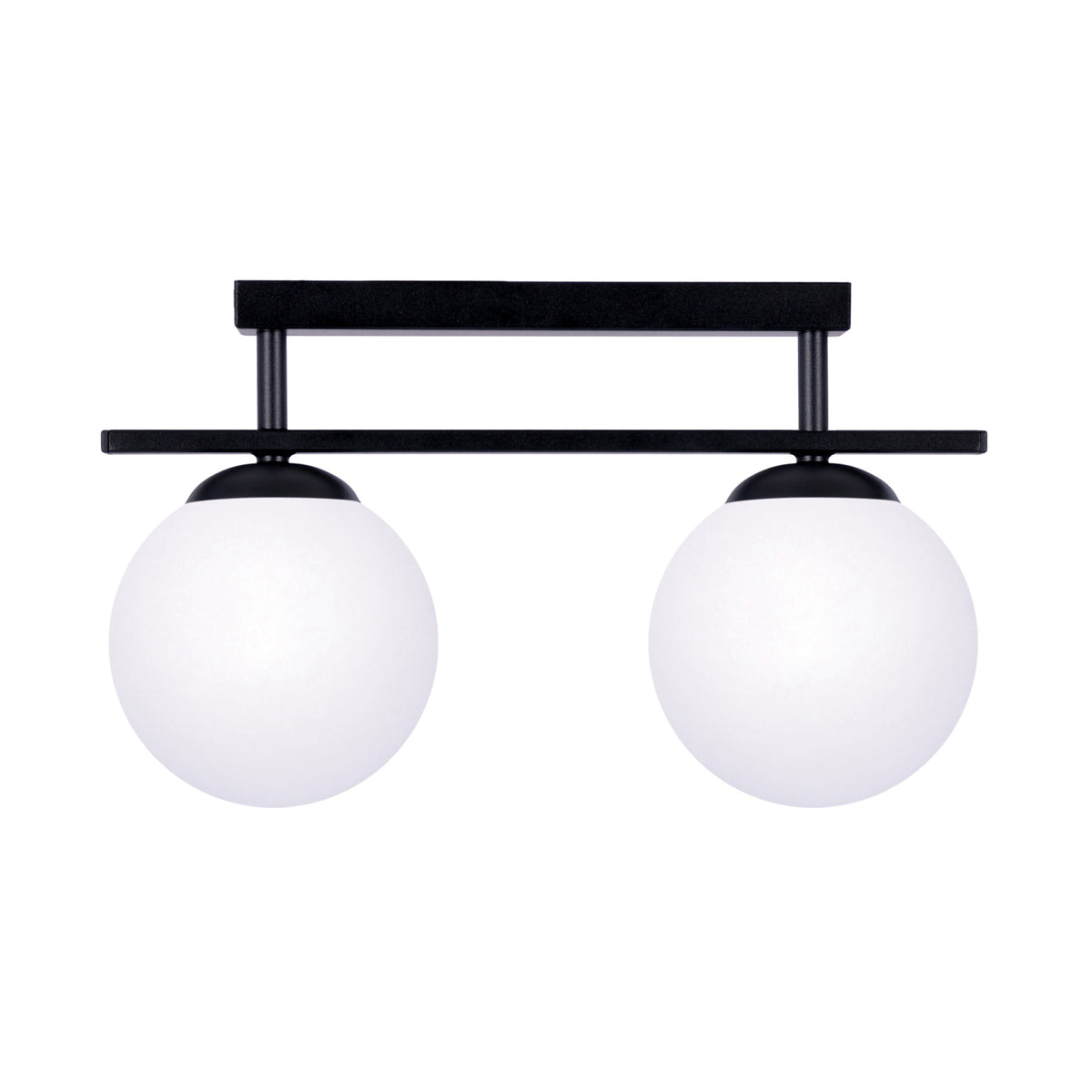 Plafonnier à deux globes de verre opalin blanc sur barre métallique noire