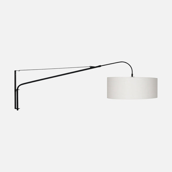 Applique murale à bras déporté noir, abat-jour lin blanc Ø 50 cm | Elina