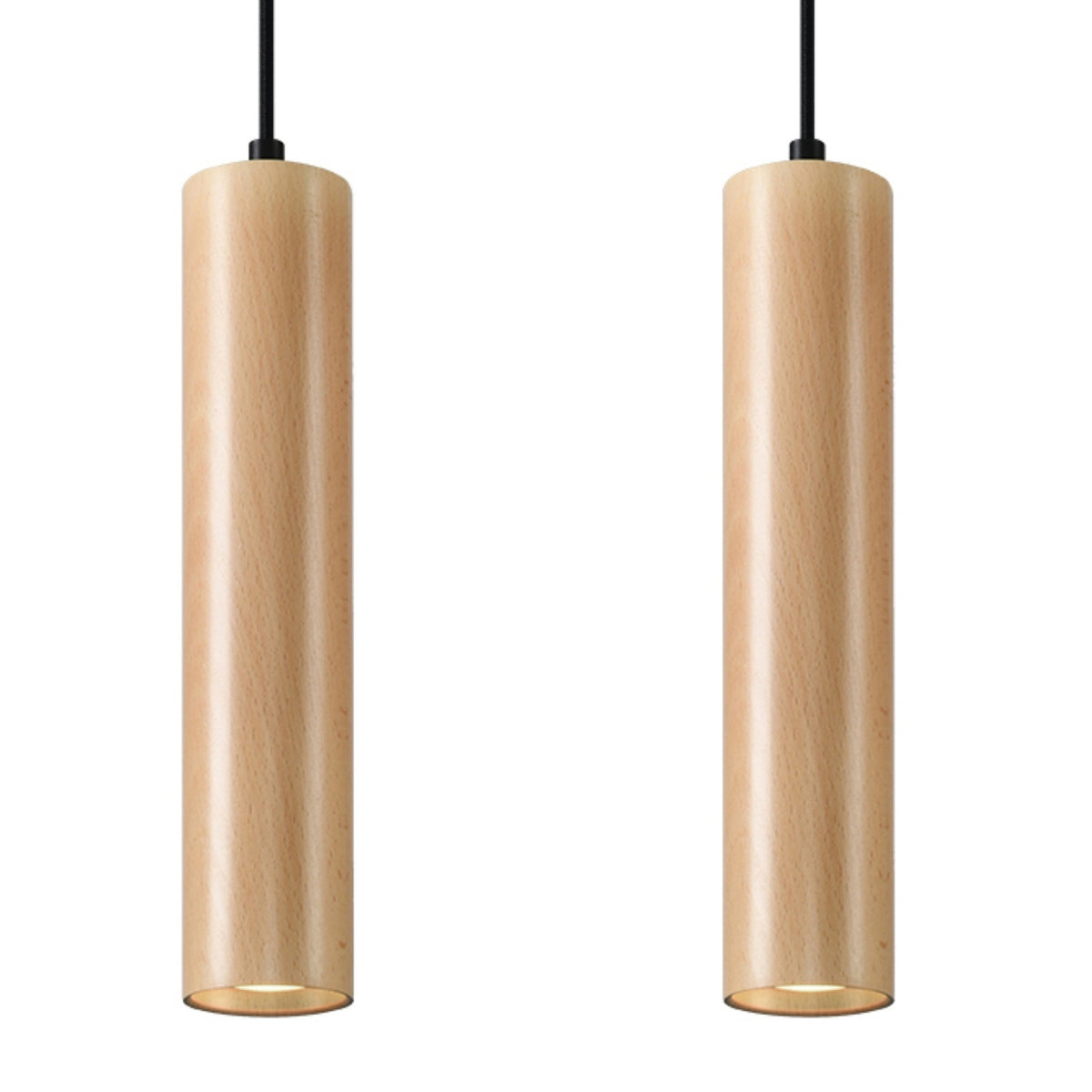 Vue de face de deux suspensions cylindriques en bois clair avec cordons noirs.