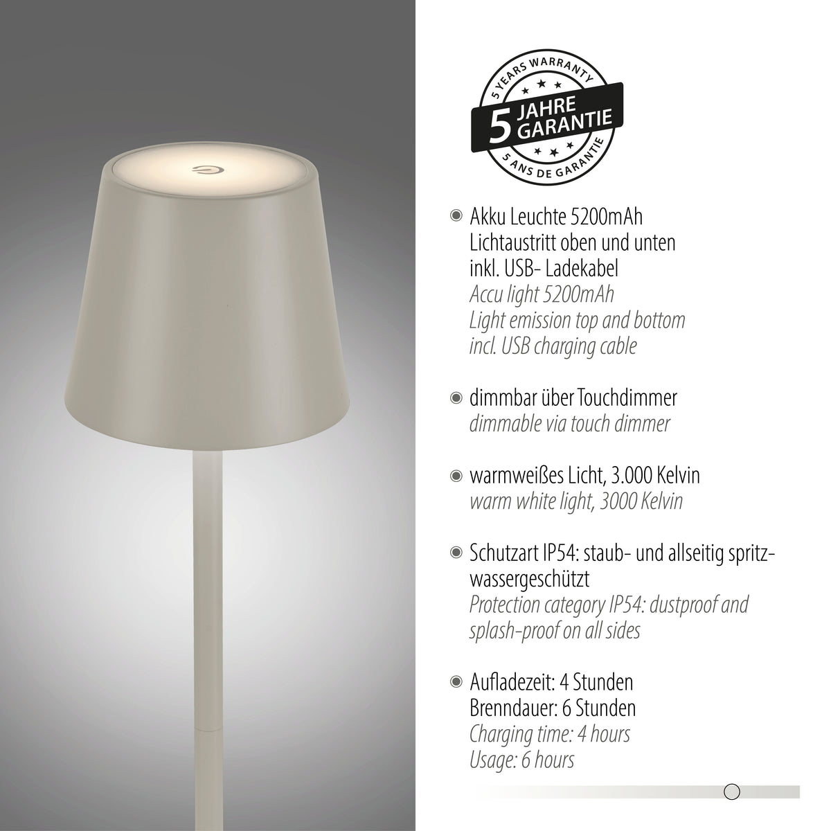 Fiche produit avec badge cinq ans de garantie et détails sur la batterie rechargeable.