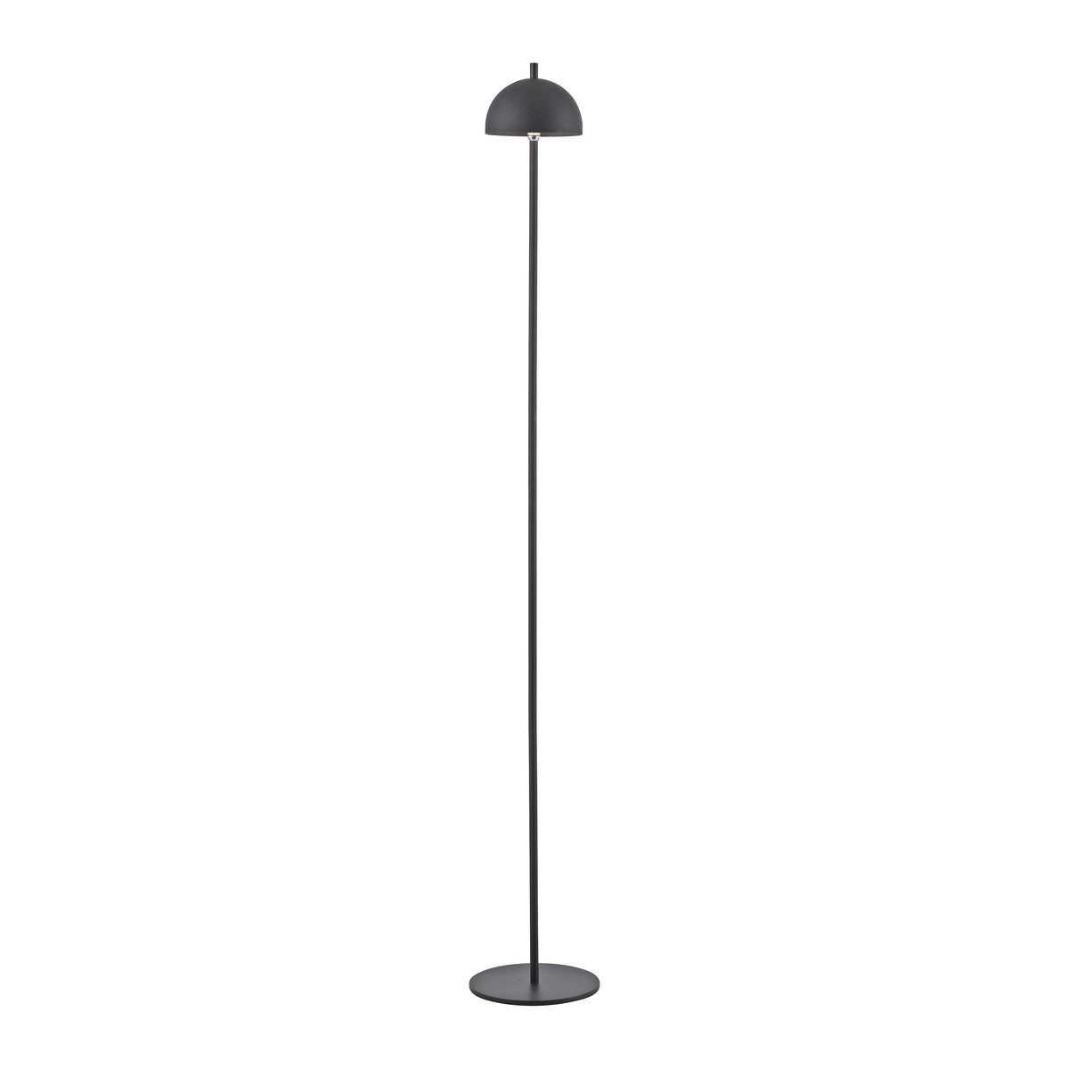 Lampadaire noir entier sur fond blanc, abat-jour dôme, tige fine et base circulaire.