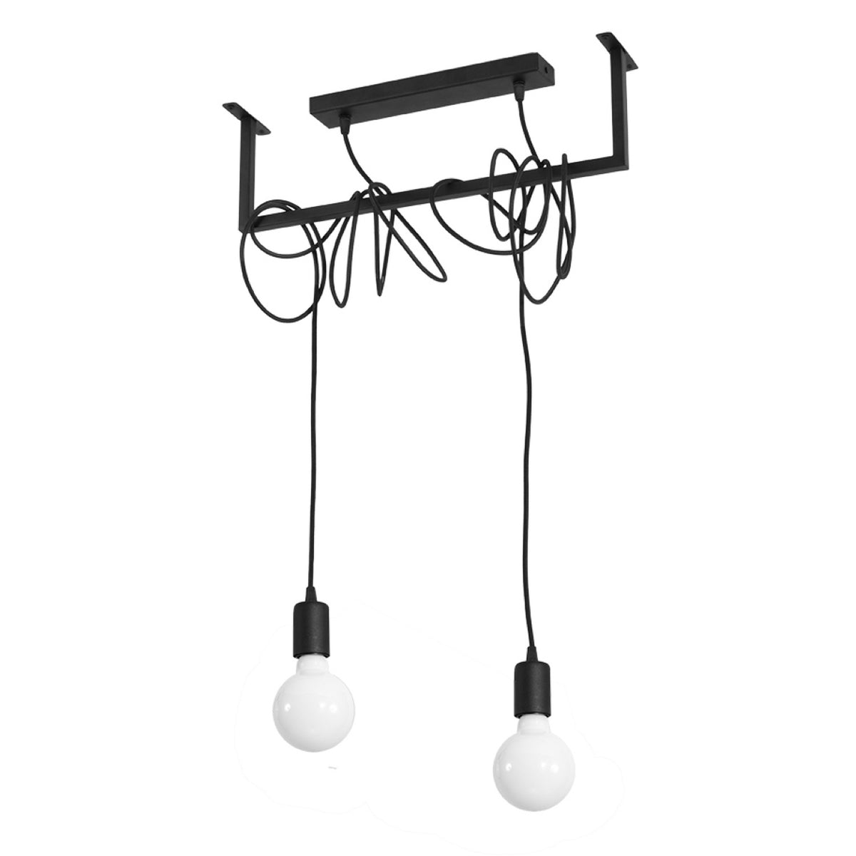 Lustre noir suspendu avec deux ampoules et câbles enroulés autour d'une barre.