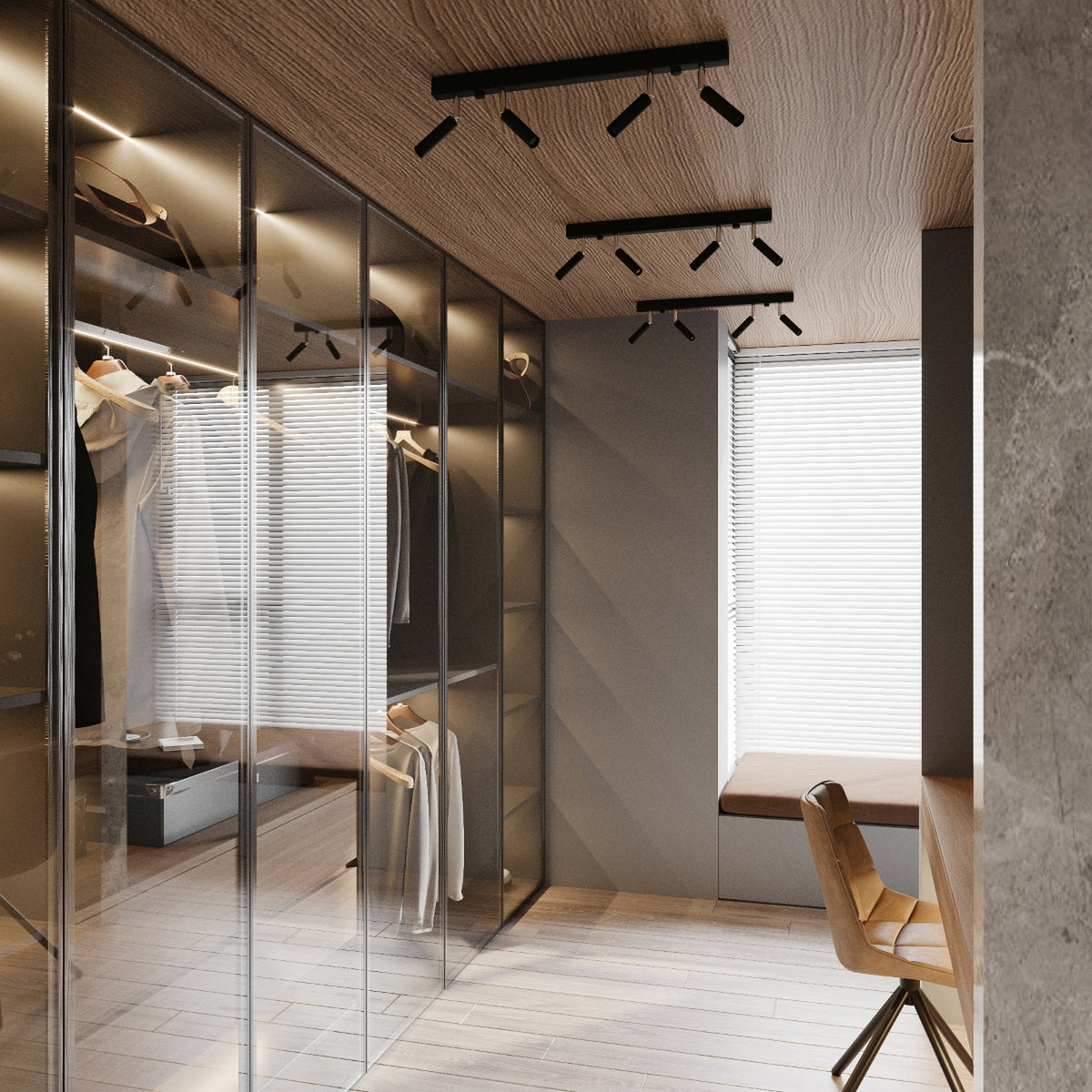 Mise en ambiance dans un dressing avec placards vitrés et plafond en bois.