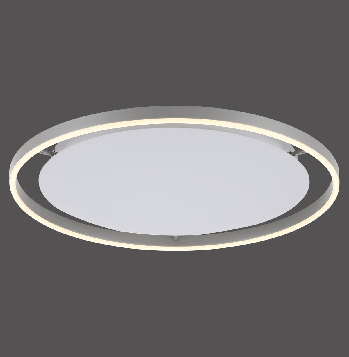 Plafonnier ovale en aluminium avec diffuseur blanc et anneau LED allumé.