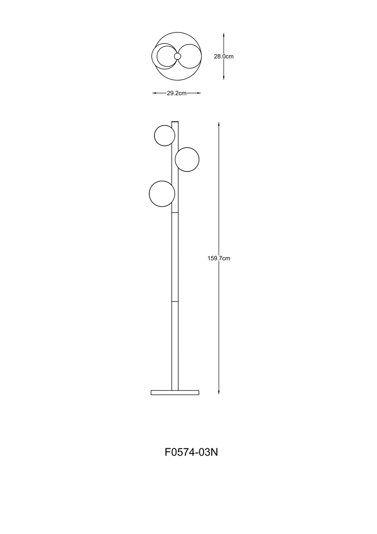 Schéma coté du lampadaire : hauteur 159,7 cm et base de 29,2 cm
