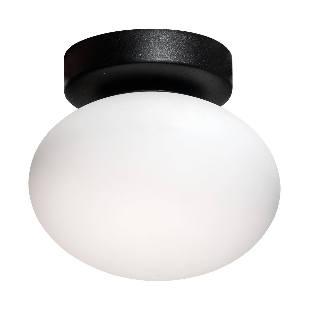 Plafonnier noir avec diffuseur en verre opalin blanc, vue de face sur fond blanc.