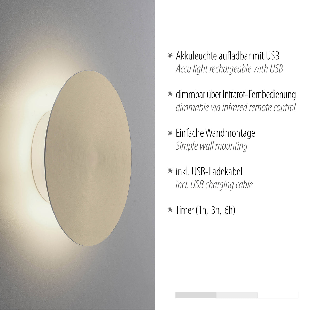 Visuel produit avec liste des caractéristiques : rechargeable USB, variateur, montage mural et minuterie