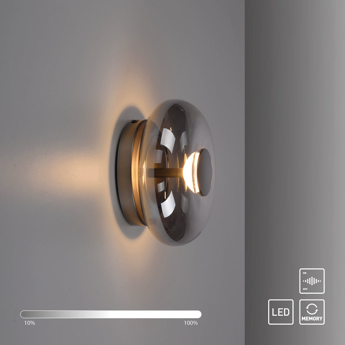 Applique fixée au mur, halo lumineux chaud, pictogrammes variateur LED et mémoire