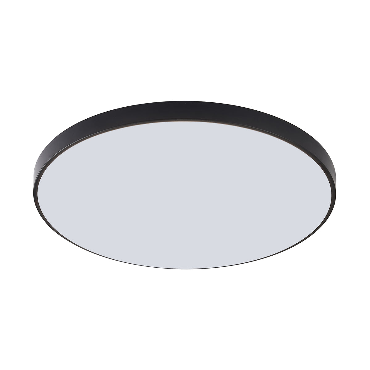 Vue de face du plafonnier rond noir et blanc, avec diffuseur blanc.