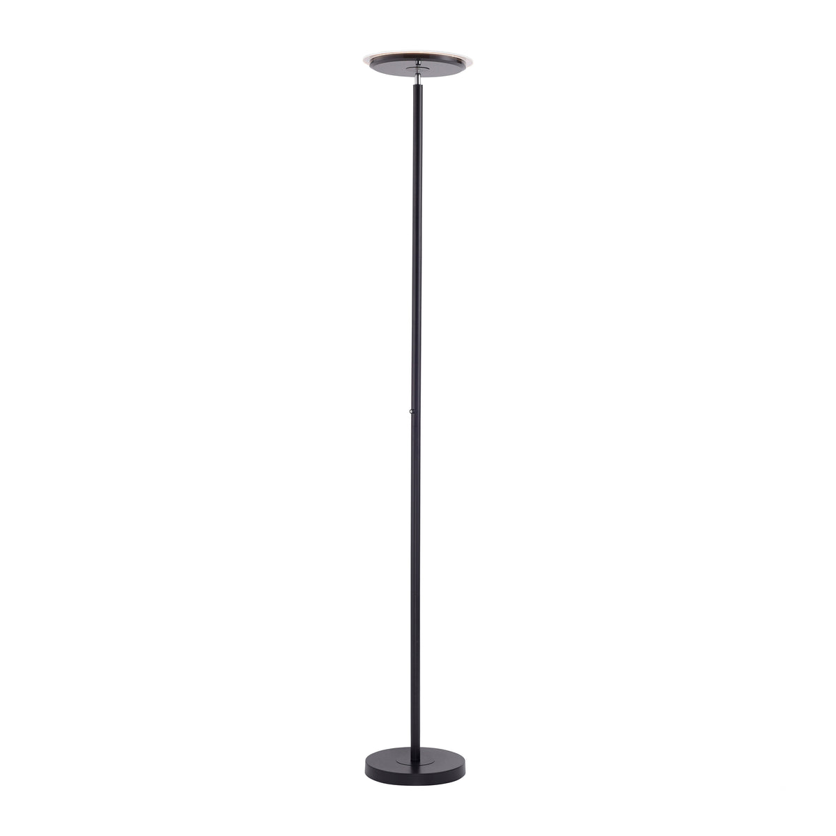 Lampadaire noir sur fond blanc, silhouette verticale avec base circulaire.