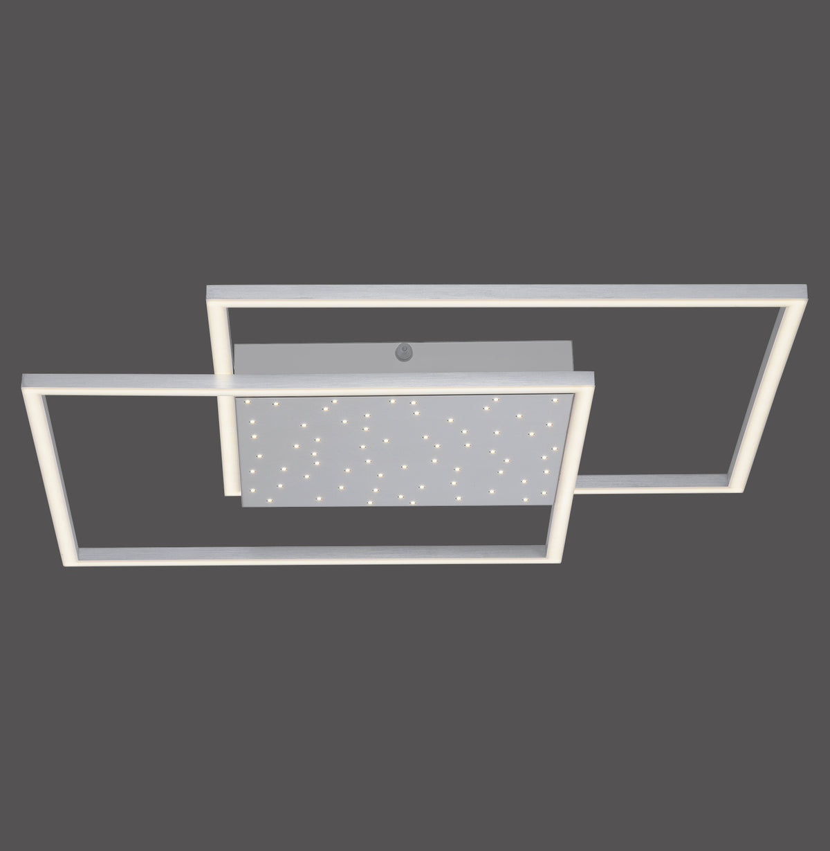Plafonnier rectangulaire en acier vu de face sur fond gris anthracite