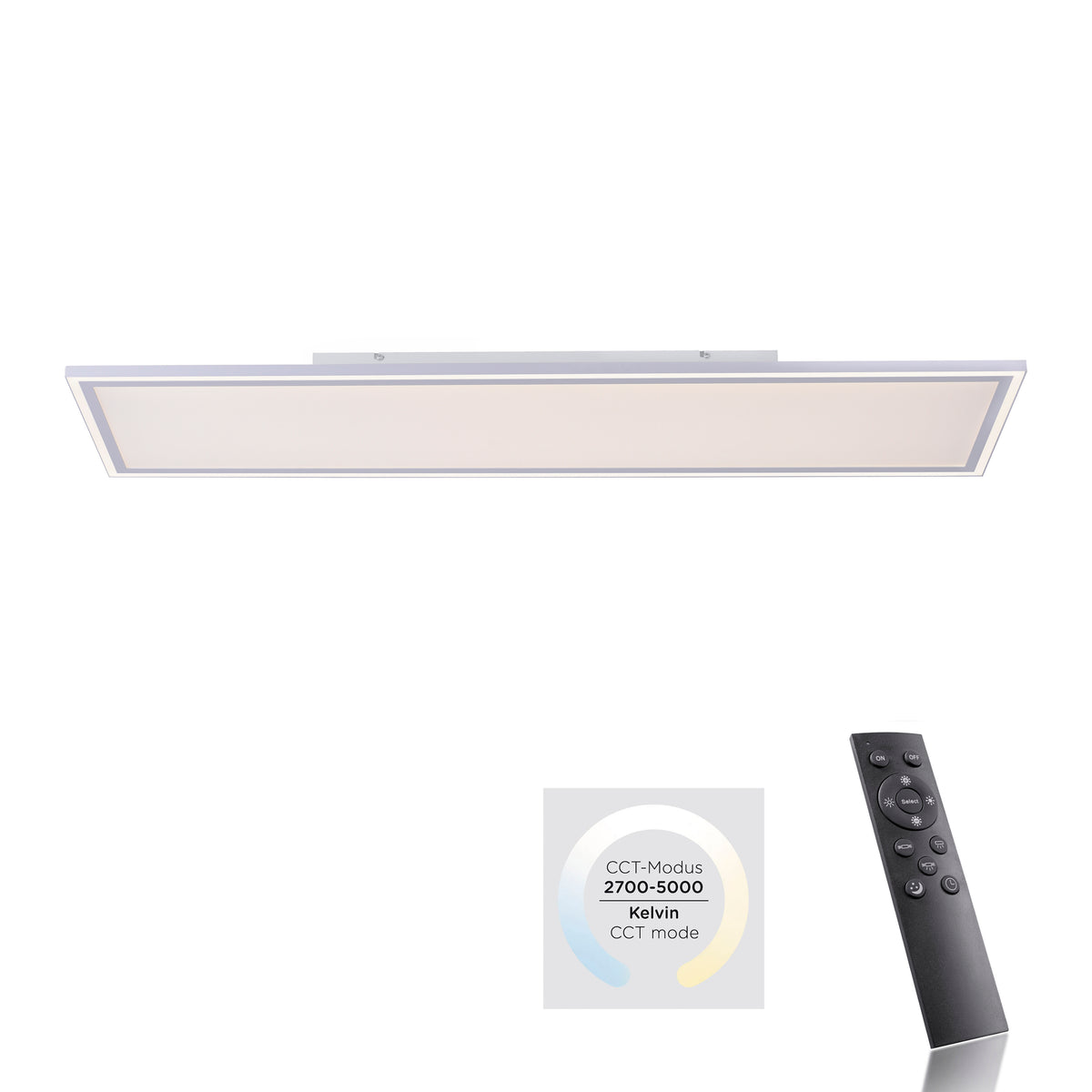 Plafonnier rectangulaire blanc avec télécommande noire et diagramme de température de couleur CCT.