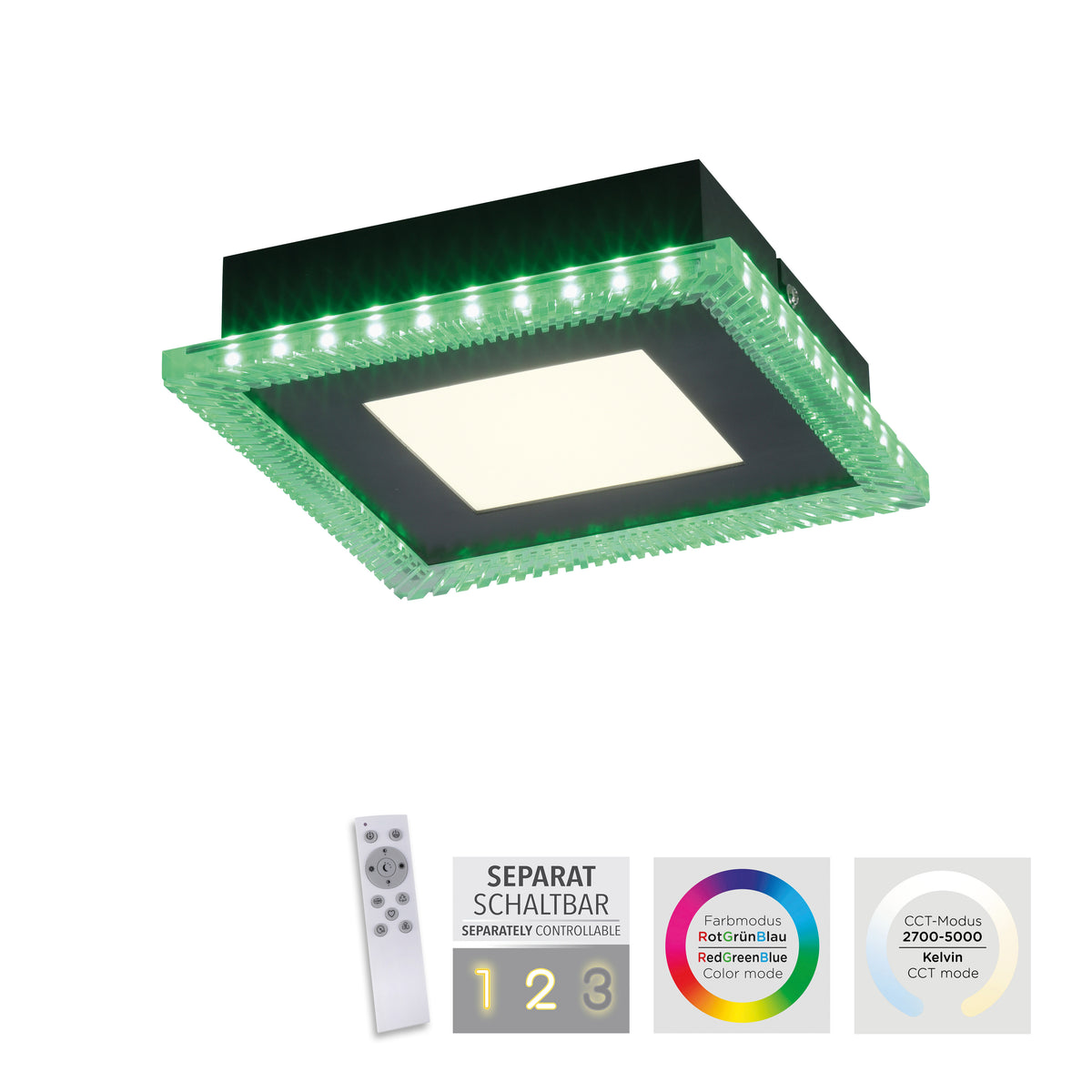 Produit avec télécommande et pictogrammes RGB, variateur et température de couleur 2700 à 5000 K