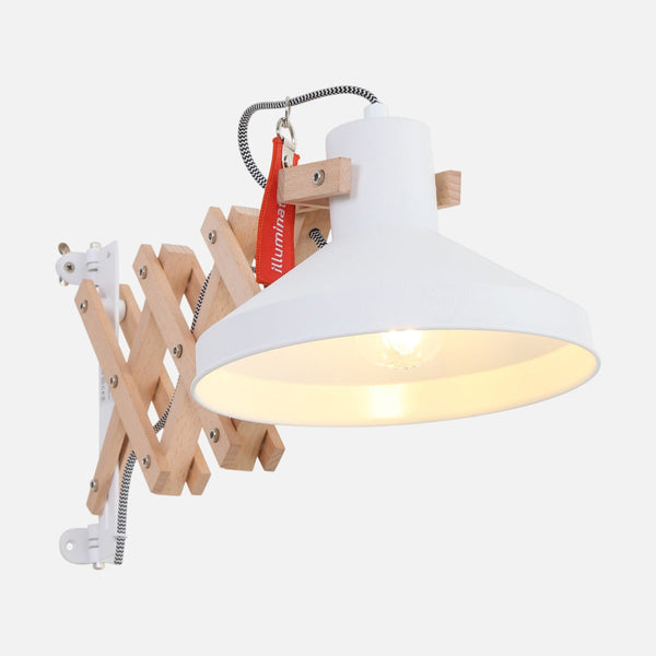 Lampe de bureau bois articulée, abat-jour blanc & bras ciseaux | Woody