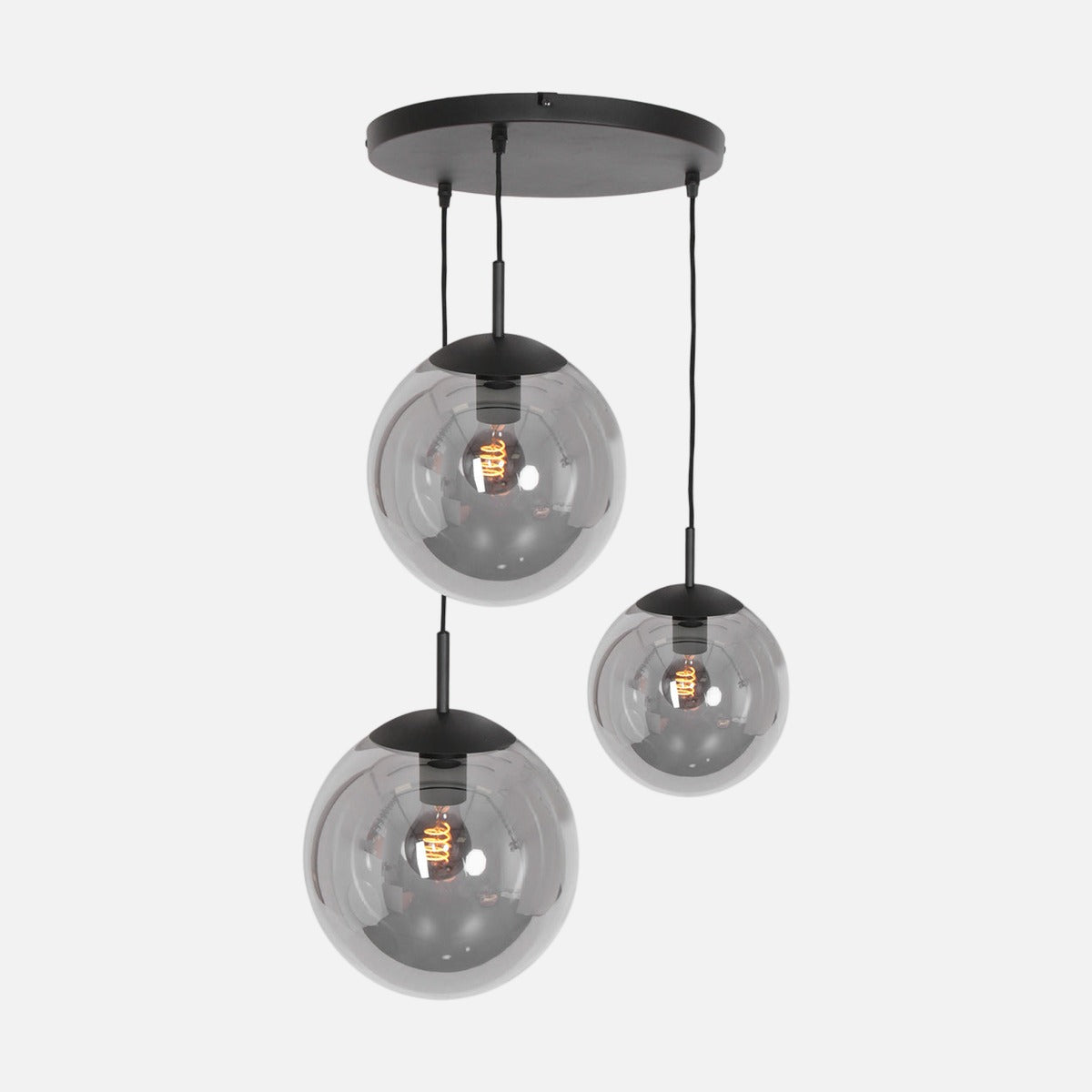 Suspension verre fumé noir 3 boules Bollique, globes Ø 30 25 20 cm sur platine métal noir