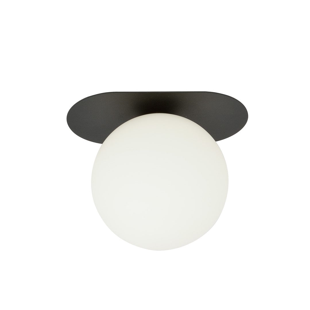 Vue de face du plafonnier noir avec sa sphère en verre opale blanc