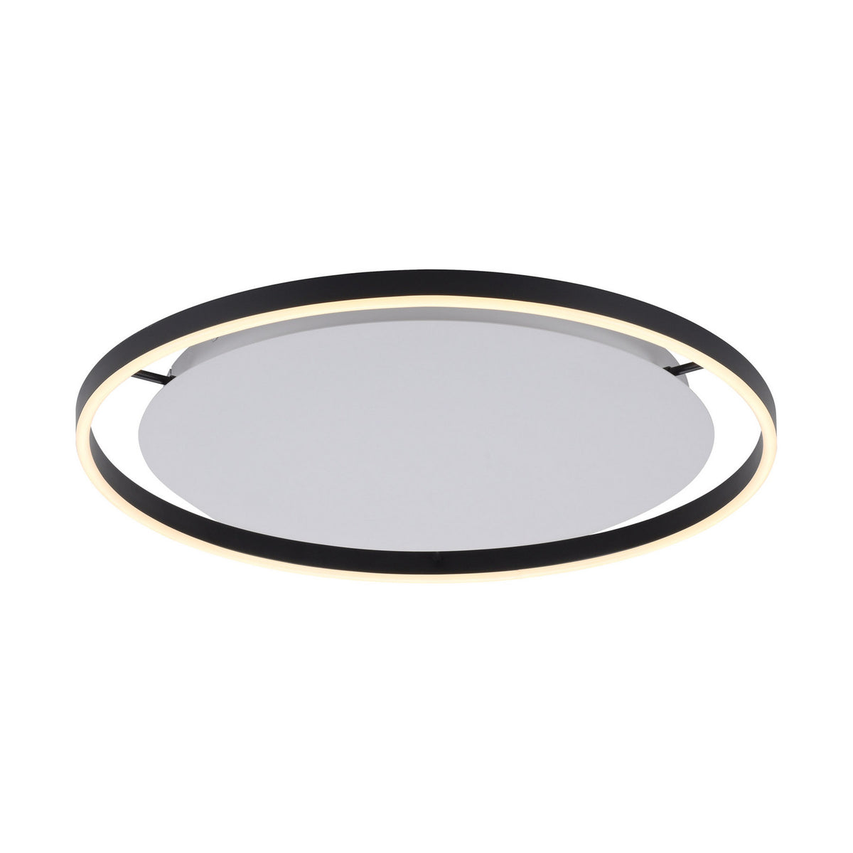 Vue isolée sur fond blanc du plafonnier rond, anneau anthracite et diffuseur central blanc.