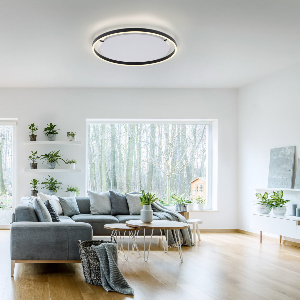 Mise en ambiance dans un salon clair, plafonnier rond allumé au-dessus du canapé gris.