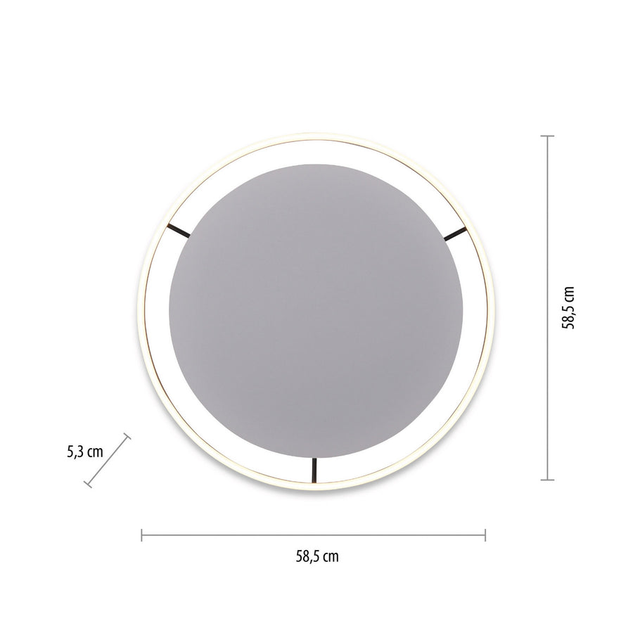 Schéma de dimensions du plafonnier rond : diamètre 58,5 cm et épaisseur 5,3 cm.