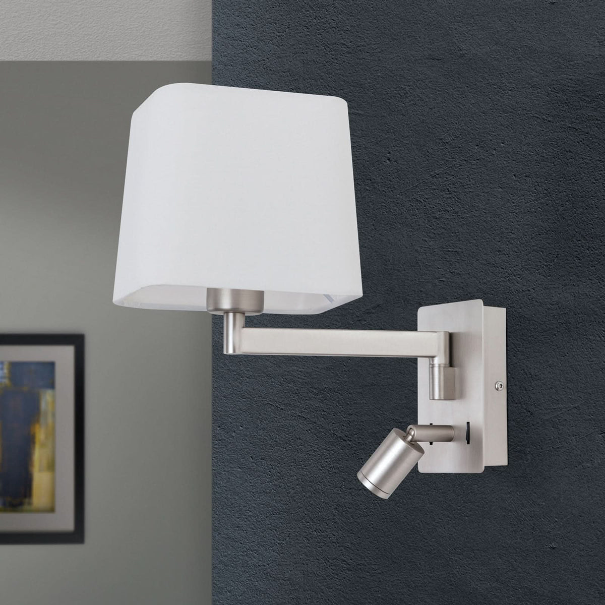 Applique murale Carlton en tissu, nickel mat et blanc, 2 lumières, hauteur 29 cm