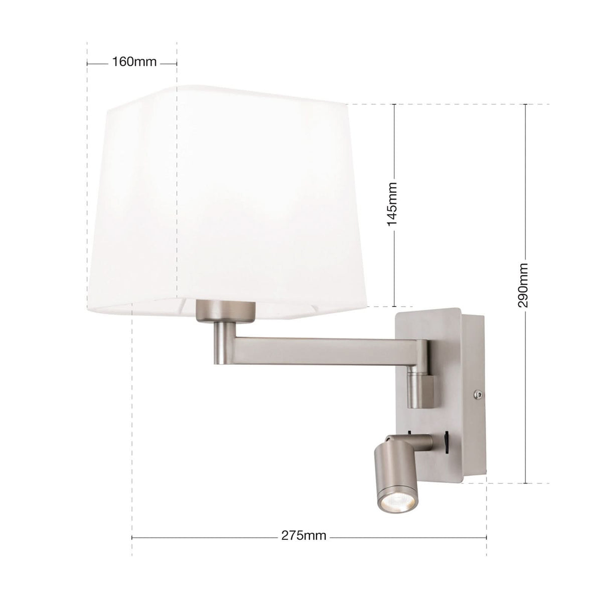 Applique murale Carlton en tissu, nickel mat et blanc, 2 lumières, hauteur 29 cm