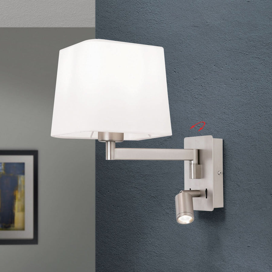 Applique murale Carlton en tissu, nickel mat et blanc, 2 lumières, hauteur 29 cm