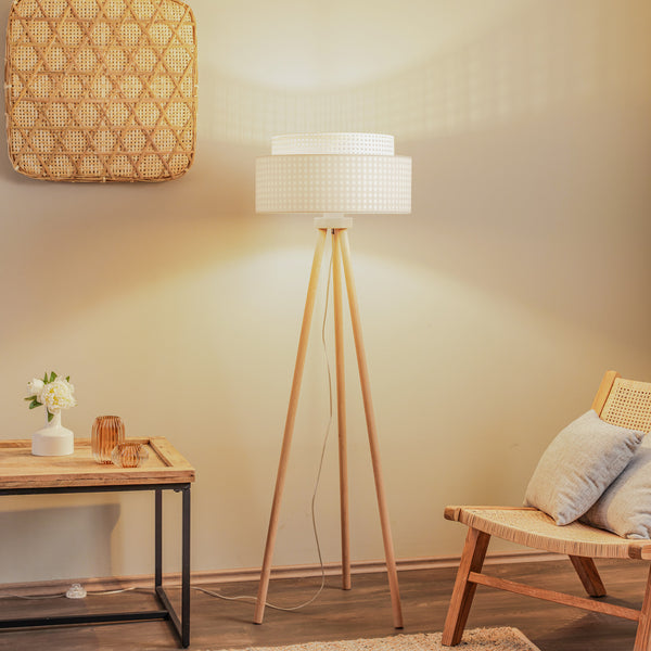 Lampadaire Boho en bois, blanc, hauteur 140 cm