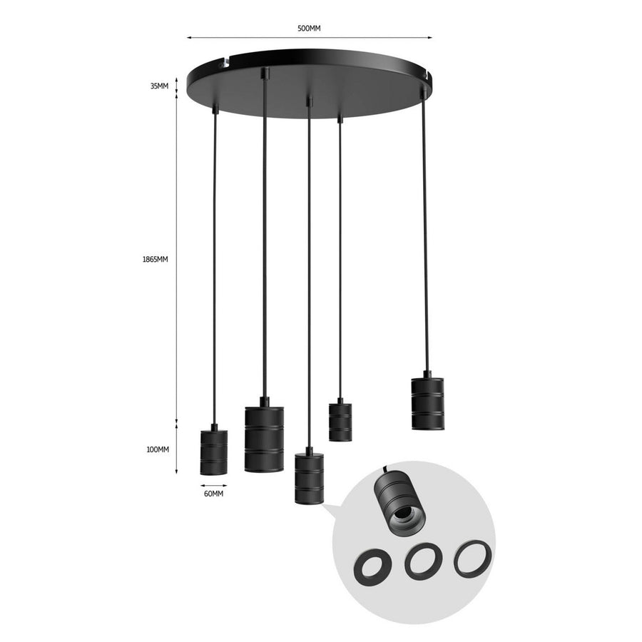 Schéma coté du luminaire avec diamètre, hauteurs de câbles et détail des douilles.