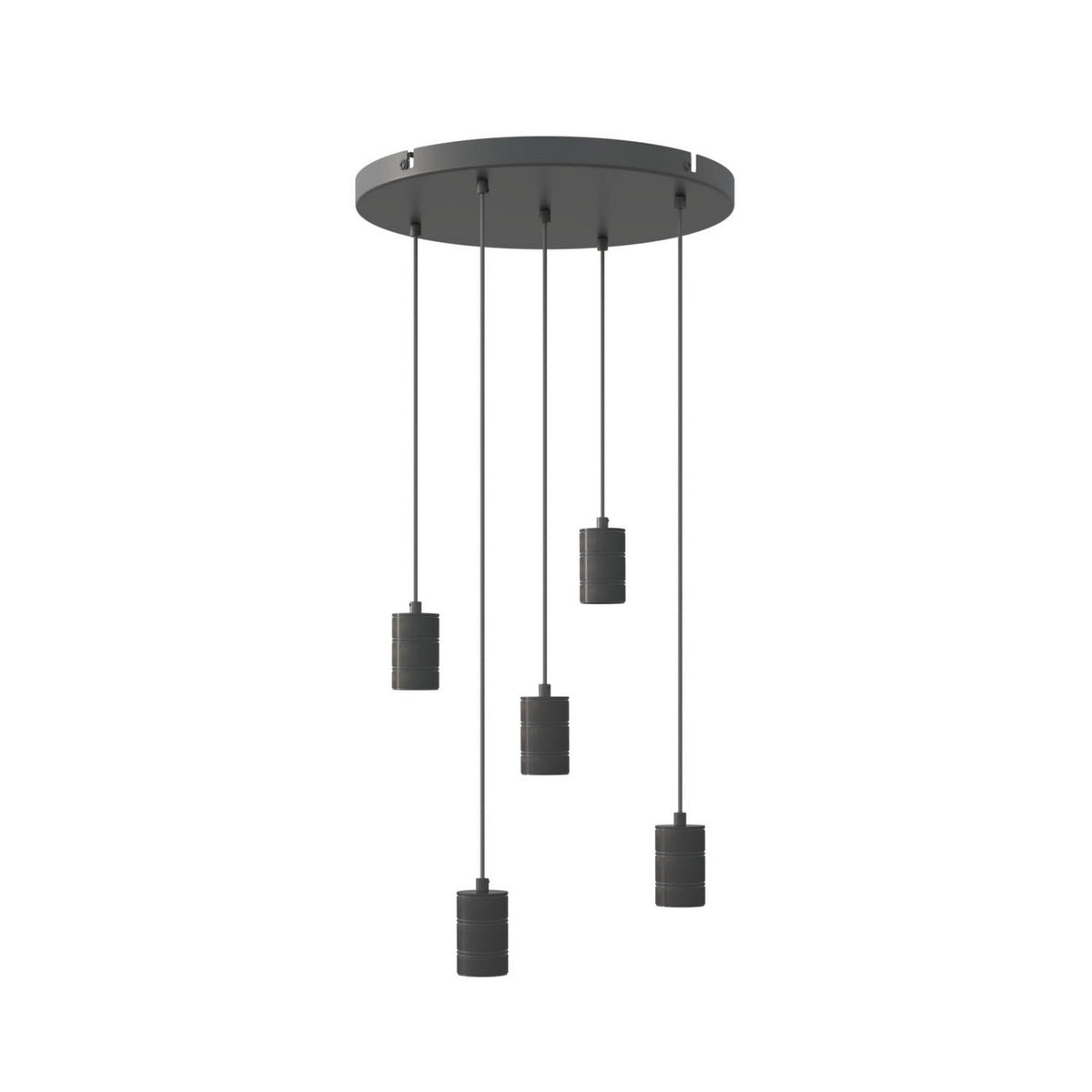 Vue du luminaire sans ampoules, montrant les cinq douilles cylindriques noires suspendues.