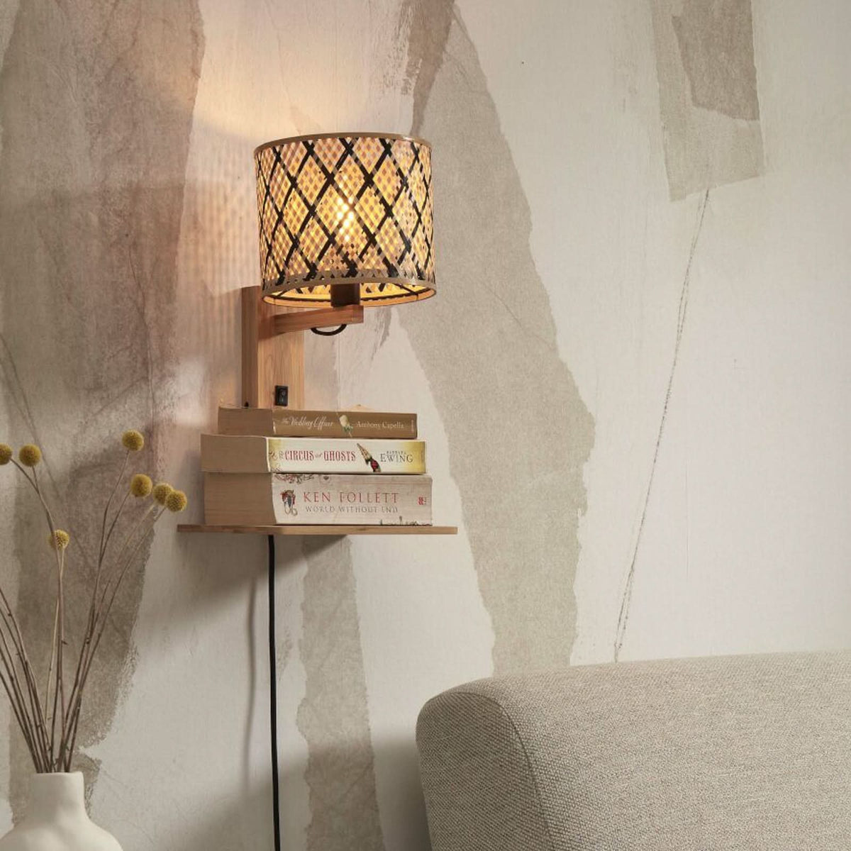 Applique murale Java en bambou, crème et noir, hauteur 53 cm
