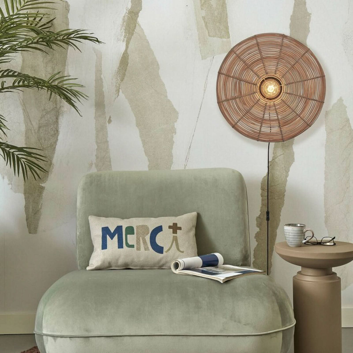 Applique murale Tanami en rotin, crème et noir, Ø 55 cm
