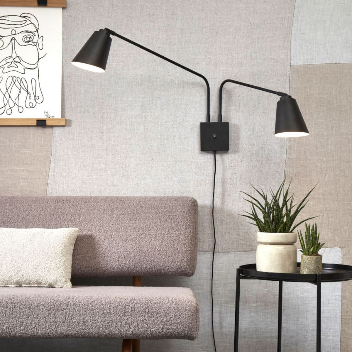 Applique murale Brême en métal, noir, 2 lumières, hauteur 45 cm