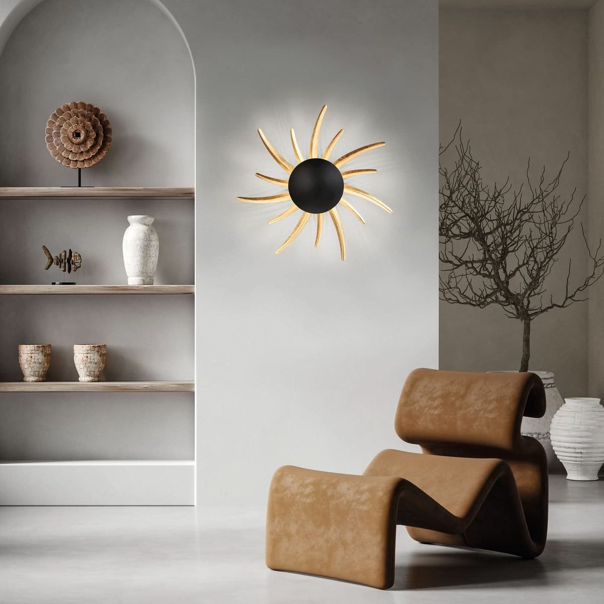 Applique murale LED en métal, noir mat et feuille d'or, Ø 45 cm