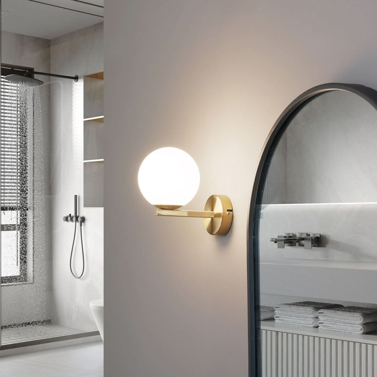 Applique murale Bidolo en verre, laiton et blanc, Ø 12 cm, IP44