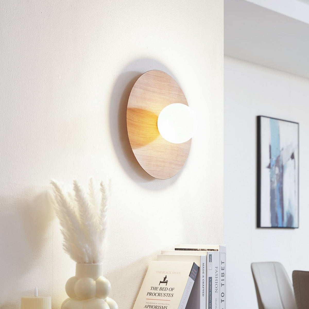 Applique murale Zain en verre, bois et blanc, Ø 33 cm