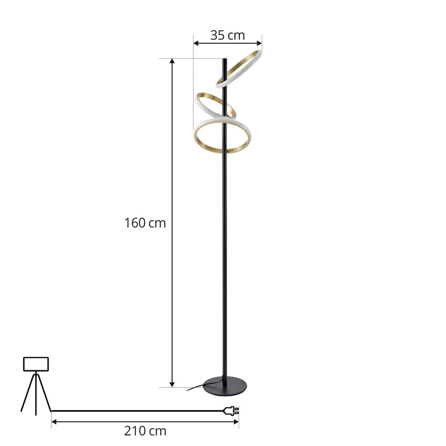 Schéma coté : hauteur 160 cm, largeur 35 cm et câble d’alimentation de 210 cm.