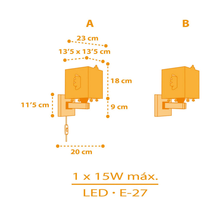 Schéma coté du luminaire : largeur, hauteur, profondeur et douille E27.