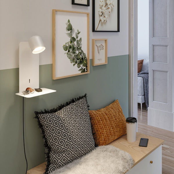 Applique murale Malena USB en métal, blanc mat, hauteur 35 cm