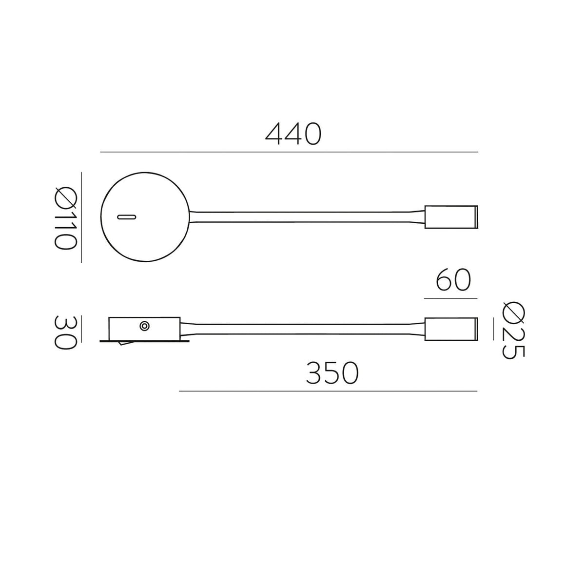 Schéma technique coté du luminaire : largeur 440 mm, base Ø110 mm et bras 350 mm.
