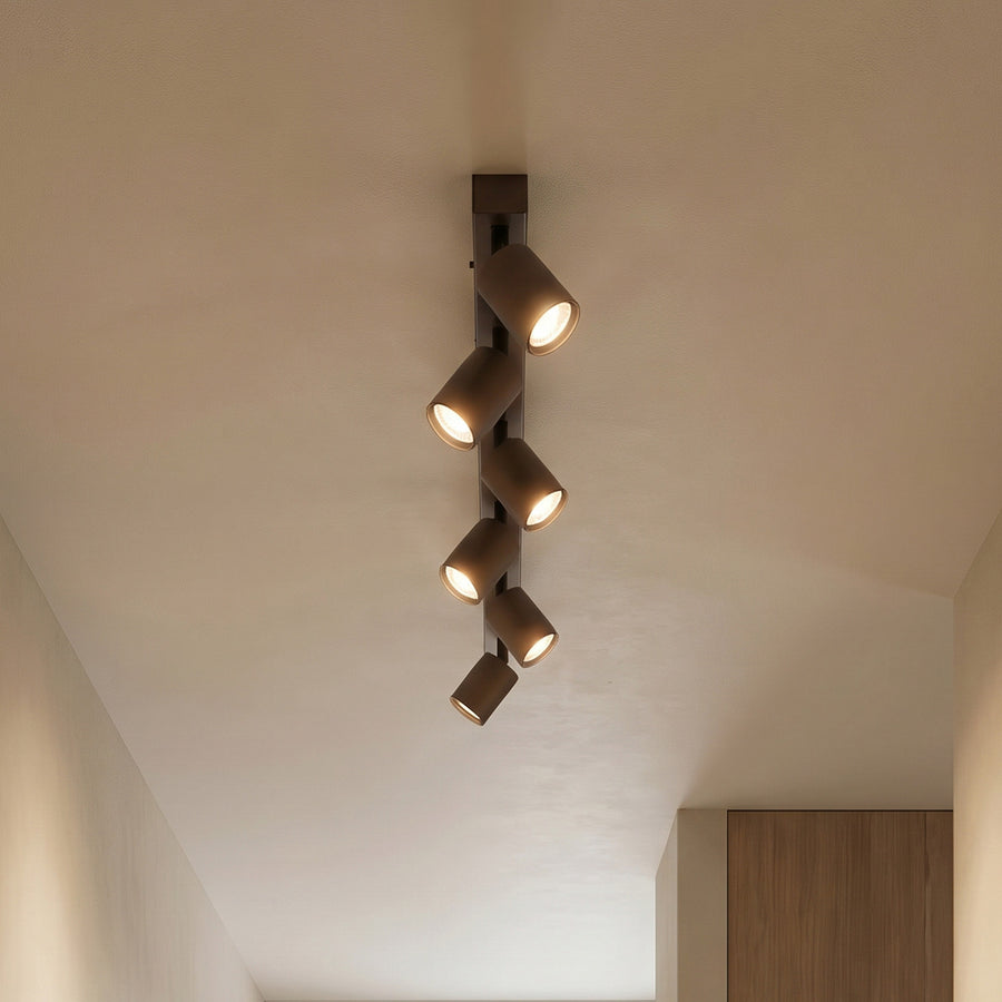 Vue rapprochée du luminaire à six spots cylindriques orientables fixé au plafond.
