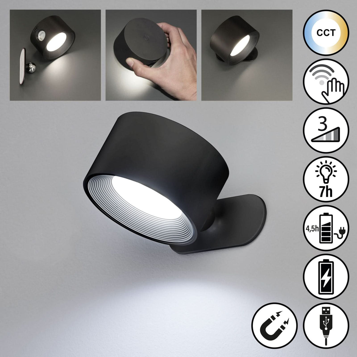 Applique murale LED rechargeable Magnetics, noir, hauteur 4,5 cm